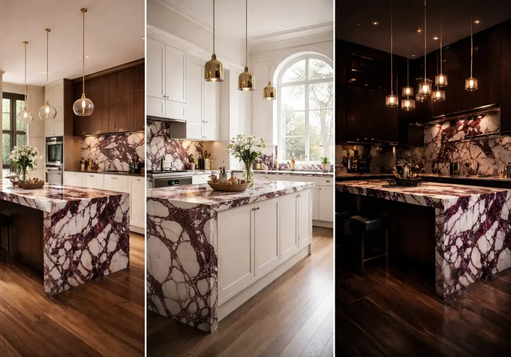 Viola marble kitchen collage with three luxury designs, waterfall island, modern cabinets, and dramatic burgundy veining interiors