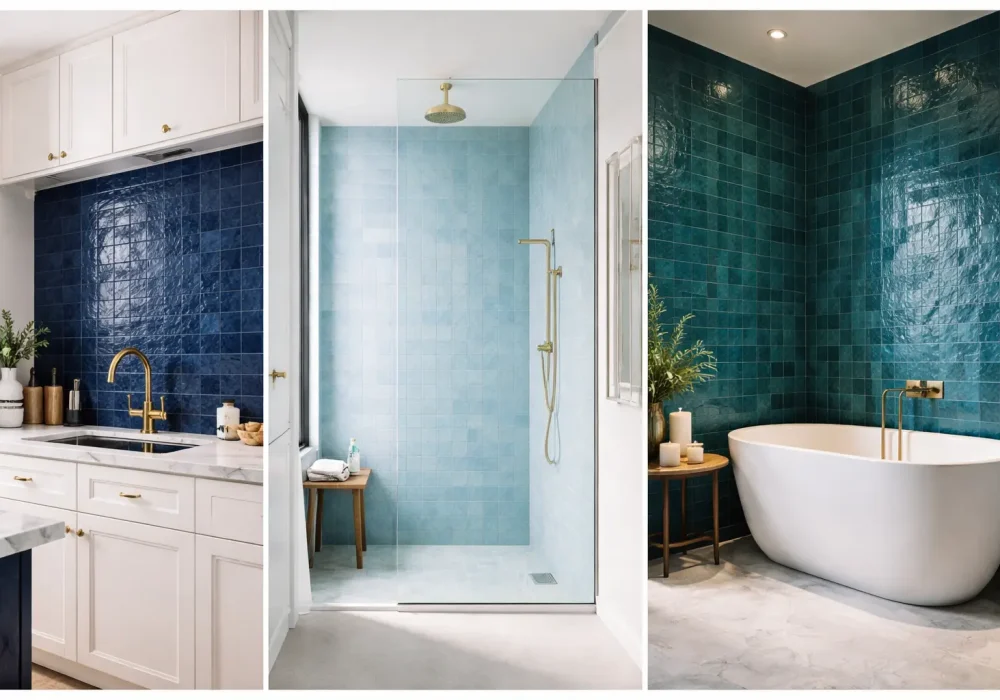 blue zellige tile ideas kitchen and bathroom designs collage backsplash shower and bathtub modern interiors