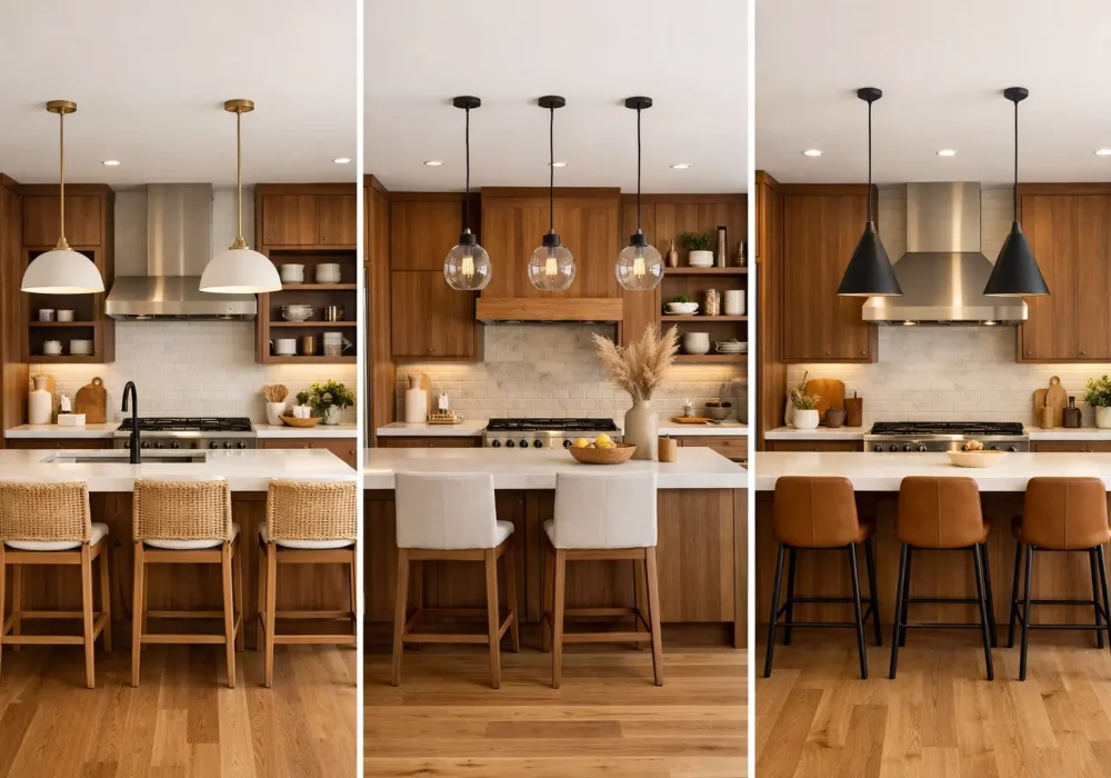Three modern warm wood kitchens in a horizontal grid layout, white countertops, wooden cabinets, bar stools, pendant lighting, cozy modern kitchen design inspiration