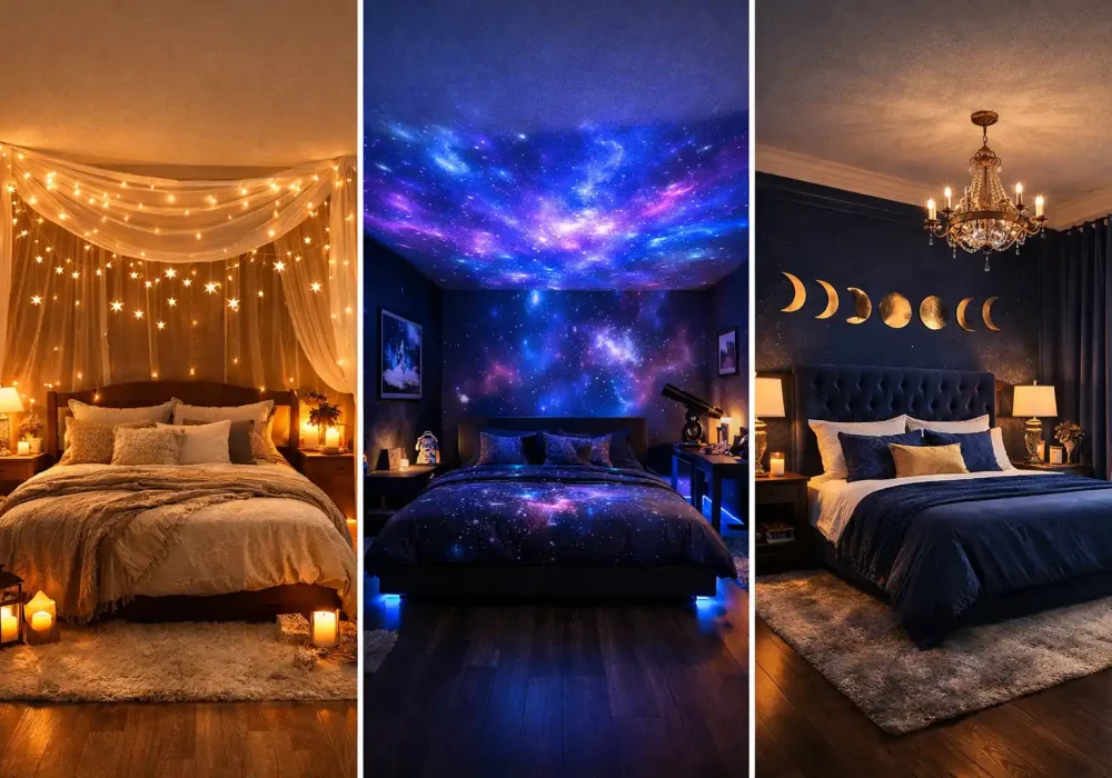 celestial bedroom ideas collage starry lights galaxy ceiling moon decor cozy aesthetic room