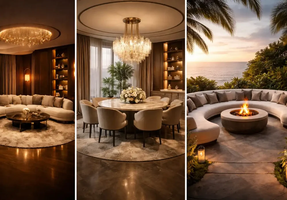 curved furniture ideas collage featuring luxury living room dining area and outdoor curved seating with warm lighting