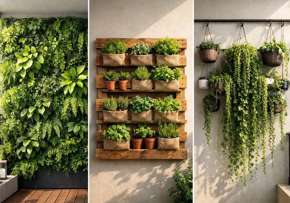 Three vertical garden Ideas in a horizontal grid showing a living wall garden, wooden pallet herb planter, and hanging basket wall garden for small balcony spaces.