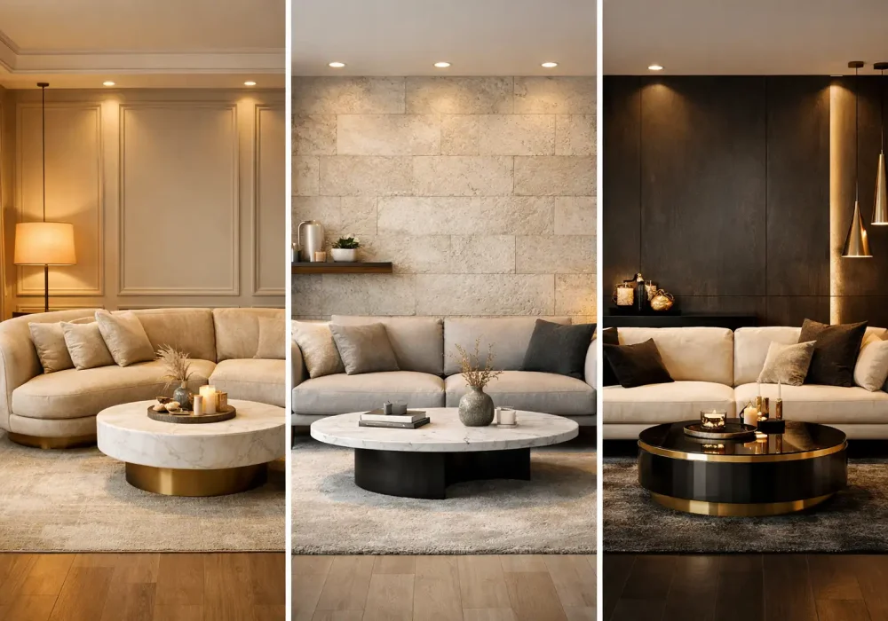Modern small living room ideas collage featuring three luxury designer living rooms with marble coffee tables, neutral sofas, textured walls, and stylish lighting in a high end apartment interior design.