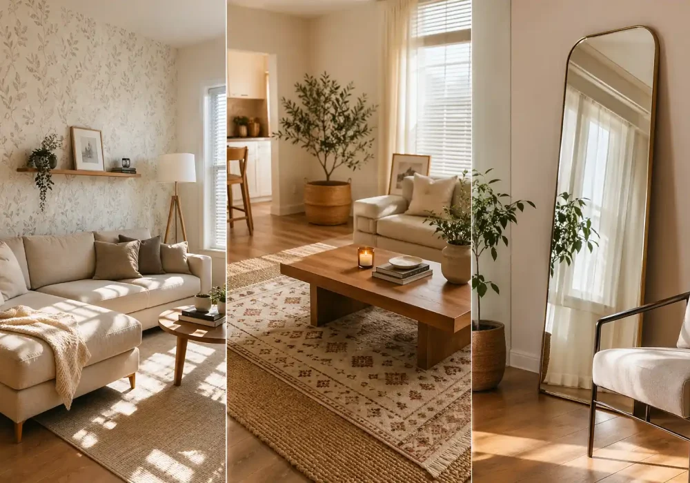 rental decor ideas collage wallpaper accent wall layered rugs cozy sofa large mirror natural light aesthetic apartment design