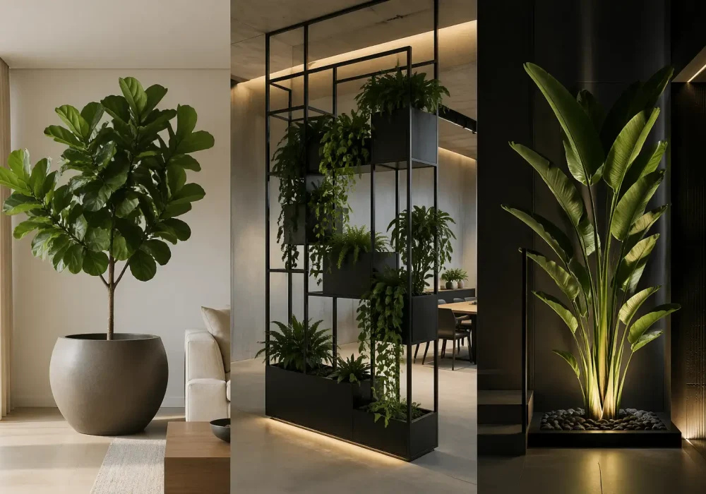 modern Sculptural Plant Ideas fiddle leaf fig geometric plant divider led plant styling luxury interior