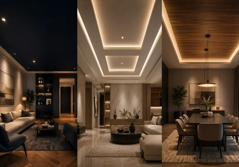 modern ceiling ideas collage with three interiors, dark painted ceiling living room, LED tray ceiling lighting design, wood panel ceiling dining room, luxury modern home interiors