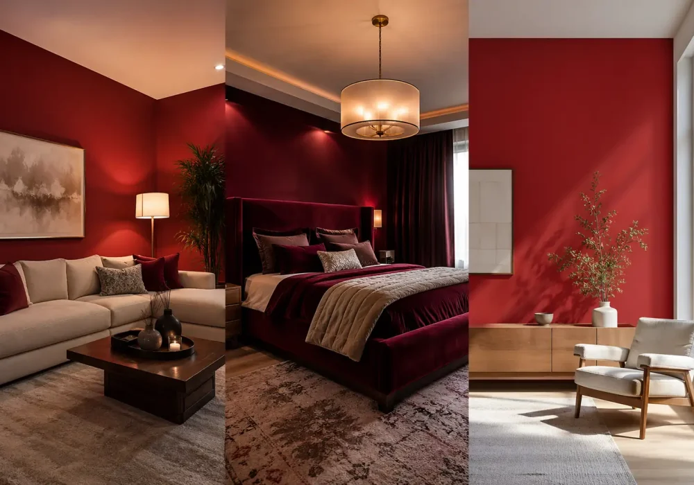 cherry red room ideas collage living room bedroom modern interior bold red walls luxury decor aesthetic home design inspiration