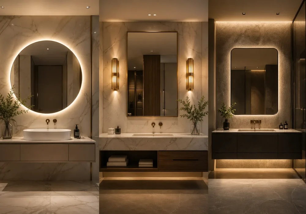 Luxury Bathroom Lighting Ideas collage with three modern vanity designs including round backlit mirror, wall sconces, and LED mirror lighting creating a high end hotel style look