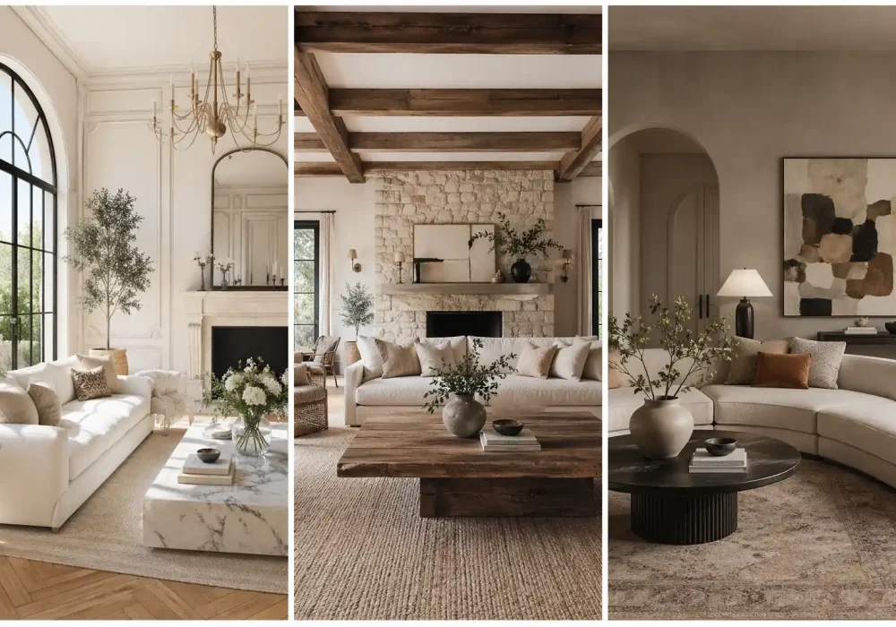 French living room ideas collage with three designs, Parisian elegant space, rustic beam interior, and modern neutral French living room style