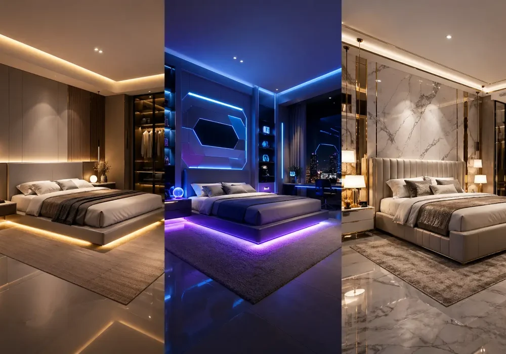 modern luxury bedroom Aesthetic Ideas collage with three styles, minimal LED bedroom, futuristic RGB bedroom setup, marble gold luxury bedroom, high end modern bedroom aesthetic ideas, premium interior design inspiration