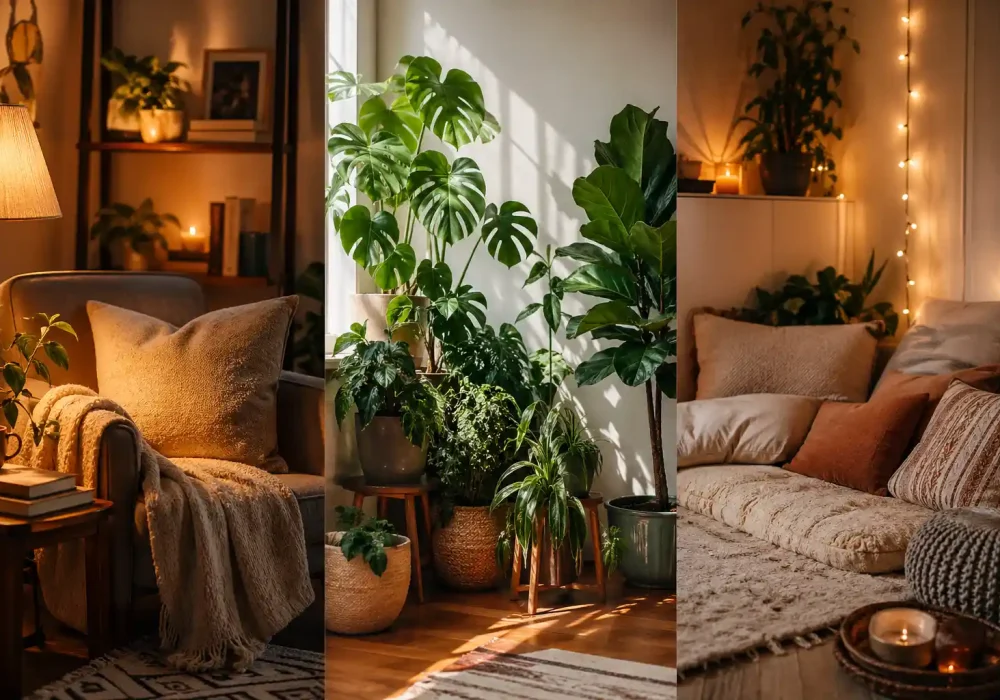 cozy corner ideas with reading nook armchair warm lamp indoor plant corner monstera greenery floor seating cushions fairy lights aesthetic small space decor ideas