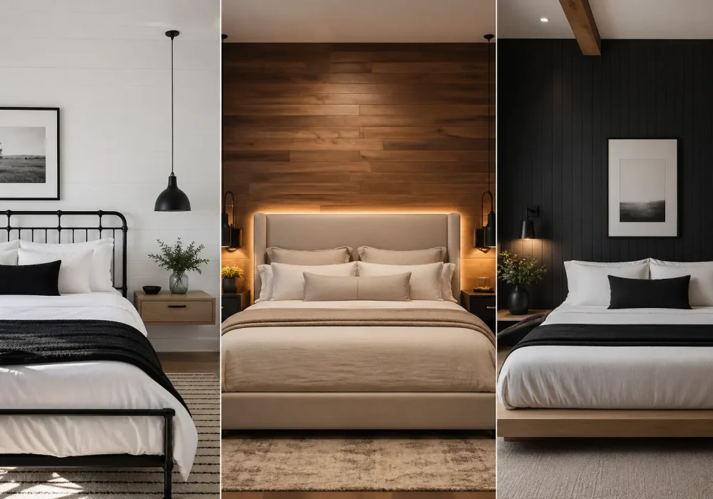 modern farmhouse bedroom ideas collage with three panel grid, black and white bedroom with metal bed frame, warm wood panel bedroom with LED lighting, dark accent wall bedroom with neutral bedding, clean modern interior design, high-end farmhouse style