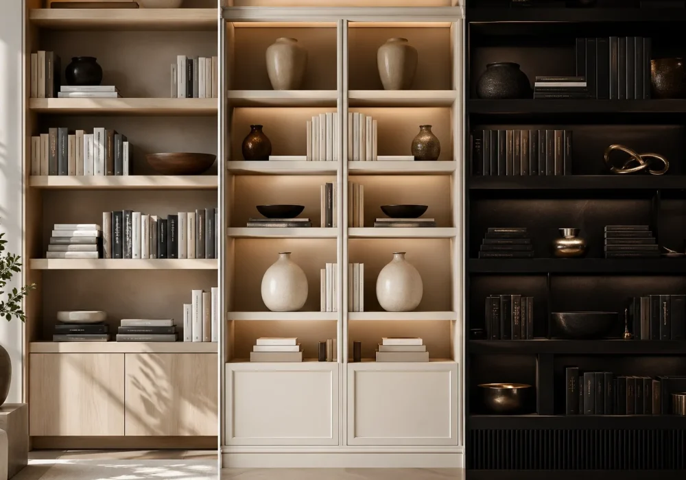 modern bookshelf styling with three panel grid layout, neutral beige shelves on left, symmetrical luxury shelf in center with soft lighting, dark moody black shelves on right, books and decor arranged cleanly, high-end interior bookshelf design