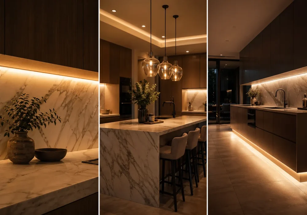 modern kitchen lighting ideas collage featuring three sections with warm under cabinet LED lighting on marble backsplash, elegant pendant lights above marble island, and toe kick floor lighting creating floating cabinet effect, luxury kitchen design with cozy ambient lighting