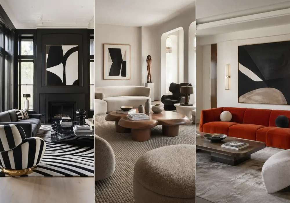 modern eclectic living room ideas collage with three sections, black and white high contrast interior, sculptural neutral living room with curved sofa, bold red sofa contemporary space, luxury interior design, modern home decor inspiration