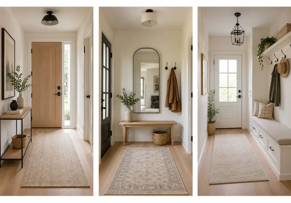 small entrance hall ideas collage featuring three modern entryway designs with slim console table, mirror setup, built in bench with storage, wall hooks, neutral tones, wooden flooring, bright natural lighting, minimalist narrow hallway decor inspiration