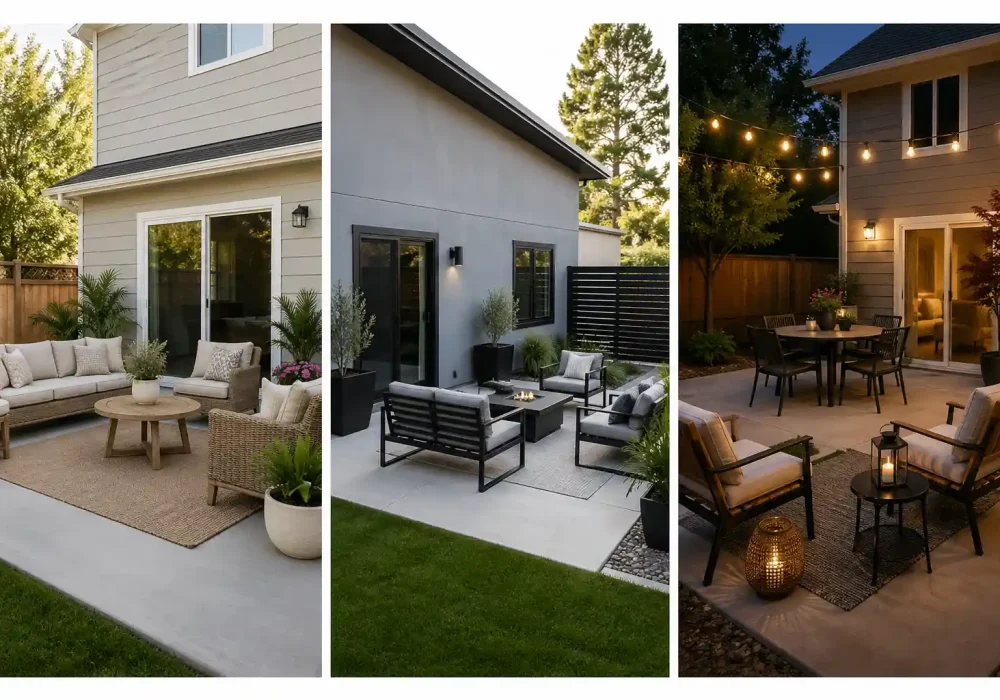 modern concrete patio ideas collage showing three outdoor setups including cozy seating area with neutral sofa and rug, minimalist patio with black metal furniture and planters, and evening patio with string lights dining setup, clean backyard design inspiration
