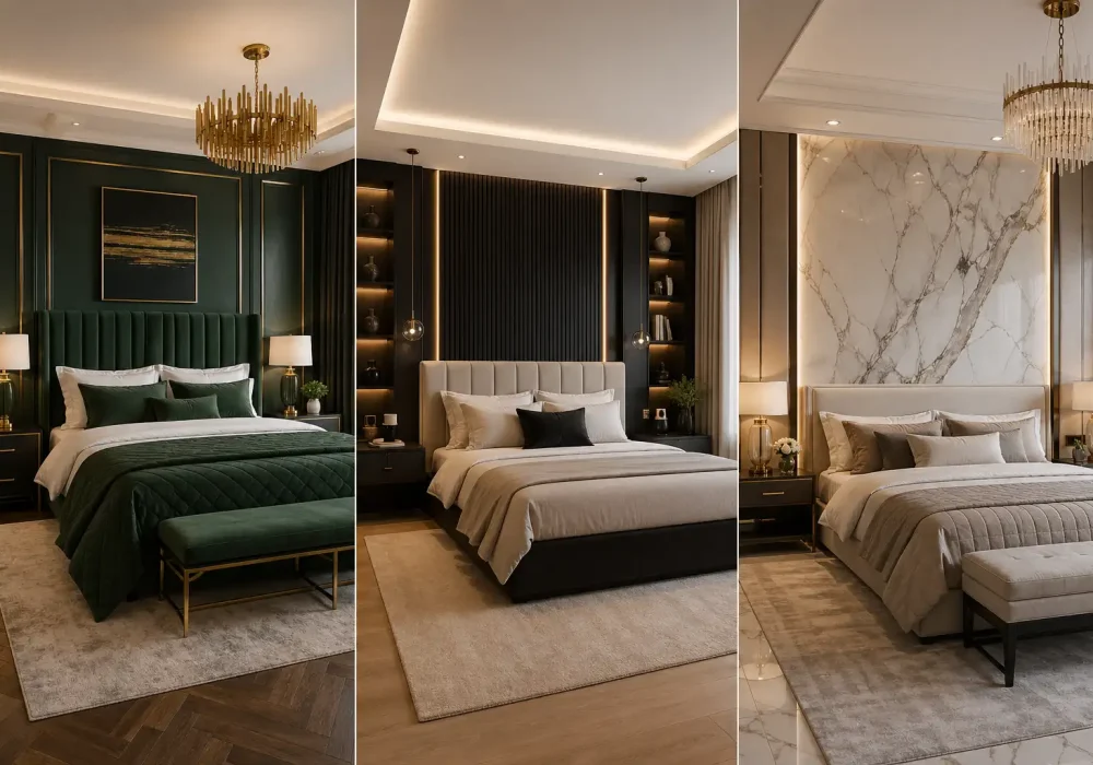 luxury bedroom ideas collage featuring three high end designs, dark green gold bedroom, modern beige black bedroom, marble accent wall bedroom, chandelier lighting, upholstered beds, layered bedding, soft ambient lighting, clean symmetrical layouts, premium interior design inspiration, modern luxury bedroom styles