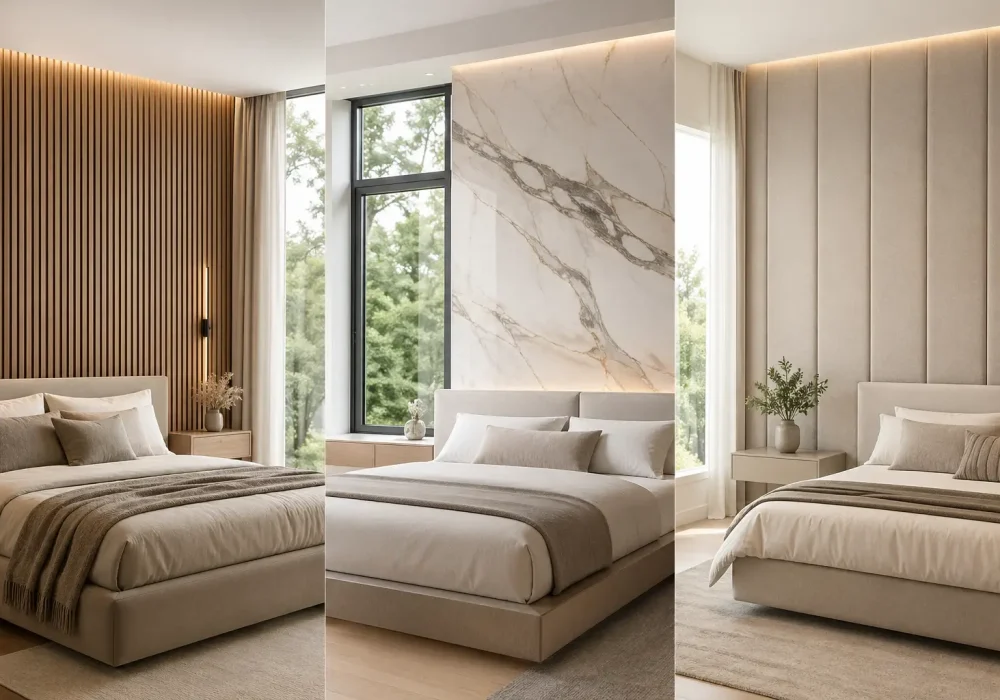 Horizontal 3 panel grid luxury bedroom accent wall ideas with windows featuring fluted wood panels marble slab wall and upholstered panels with soft lighting and neutral modern decor