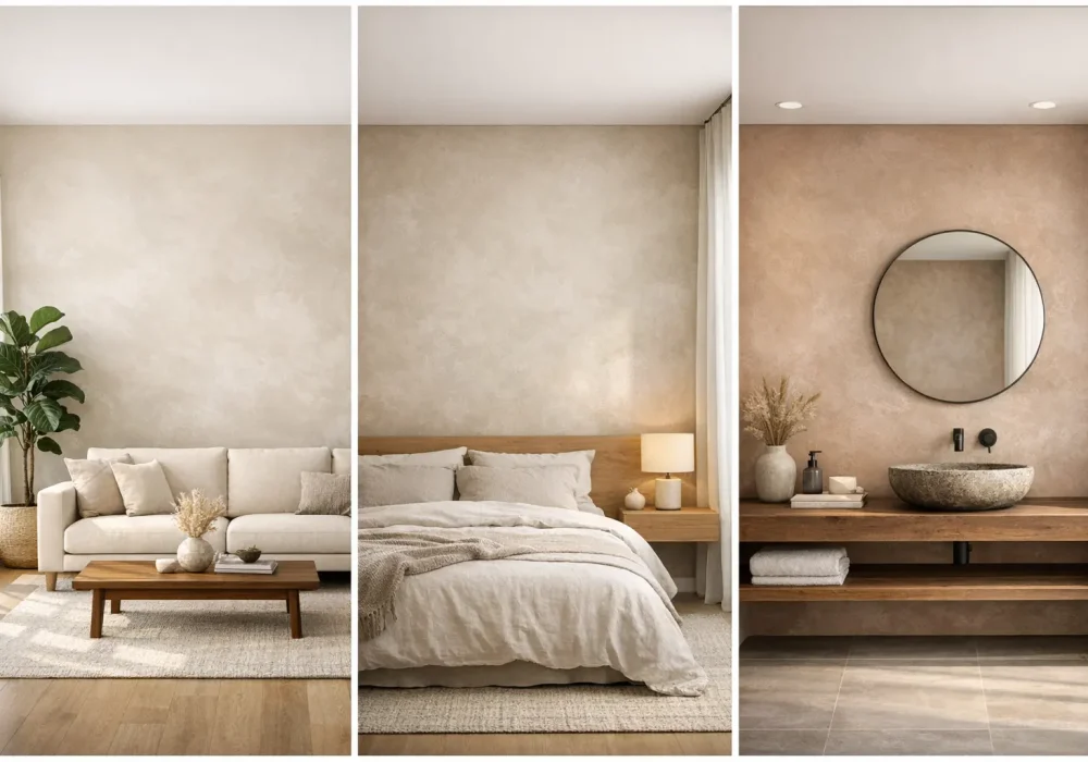 Modern DIY Limewash Paint Projects collage showing living room, bedroom, and bathroom interiors with textured neutral limewash walls and minimalist home styling inspiration
