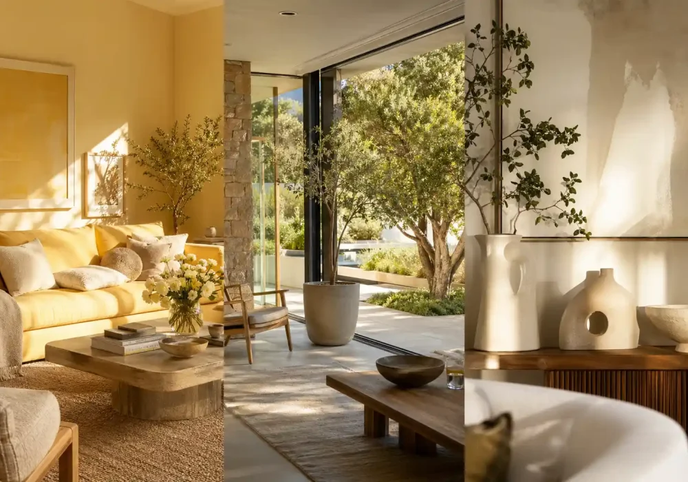 summer 2026 home decor trends butter yellow sofa indoor outdoor design modern neutral home aesthetic natural light plants open space styling