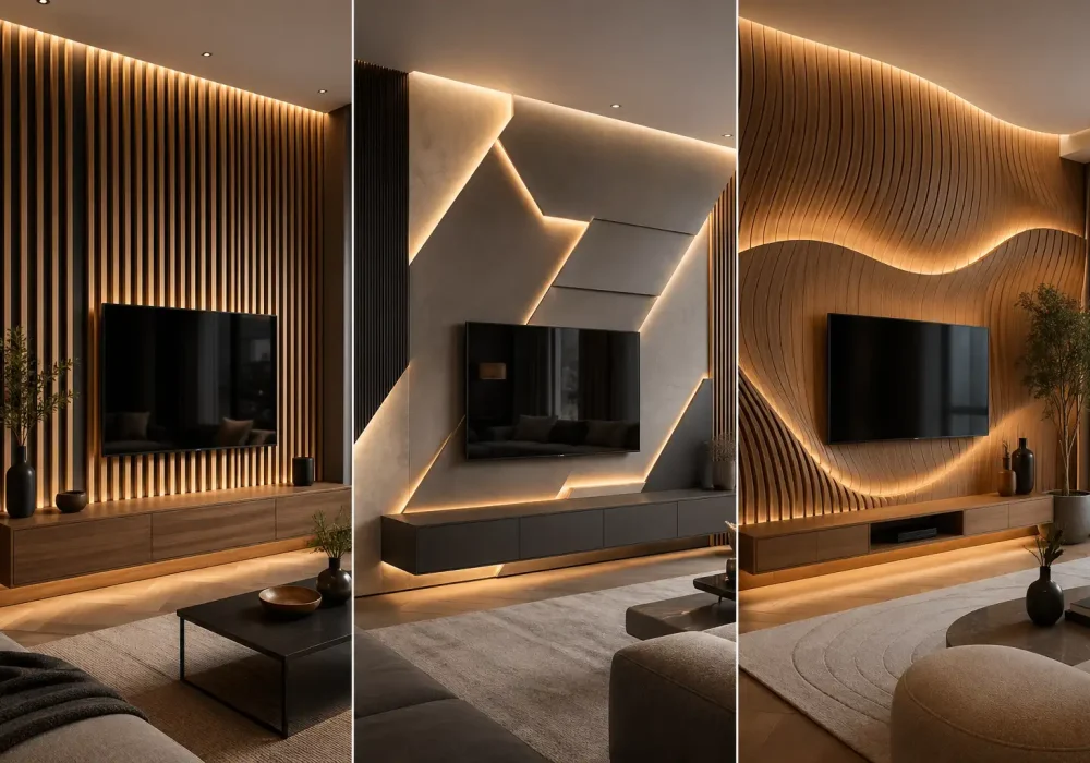 modern 3D TV wall ideas design collage featuring wooden acoustic slat panel, geometric LED panel wall, and curved wave wood wall, luxury living room interiors with warm ambient lighting and wall mounted TV setups