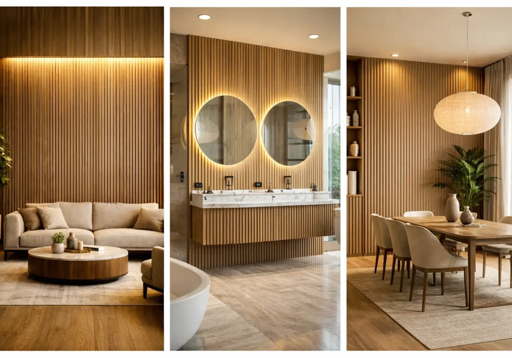 modern fluted wall panel ideas collage featuring living room bathroom vanity and dining room wood slat wall designs