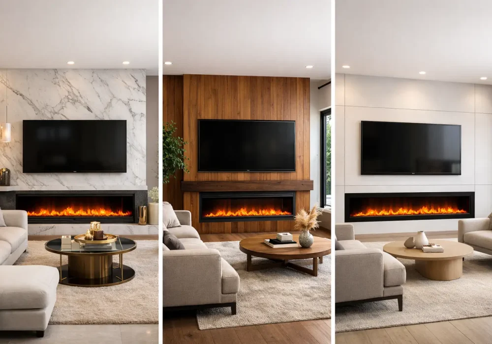 Electric fireplace ideas with TV above featuring three modern media wall designs with marble, wood panel, and minimalist living room setups.