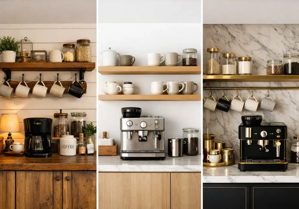 coffee bar ideas collage with rustic minimalist and luxury kitchen coffee stations modern home coffee bar inspiration