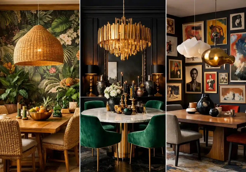 maximalist dining room ideas collage with tropical botanical dining space emerald velvet luxury dining room and gallery wall dining area bold modern dining room inspiration