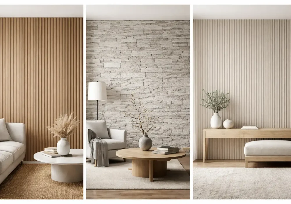 Collage of modern textured wall ideas designs featuring a wood slat accent wall, stacked stone veneer wall, and fluted wall panel interior, minimalist living room styling with neutral furniture, natural decor elements, and soft modern interior design aesthetic.