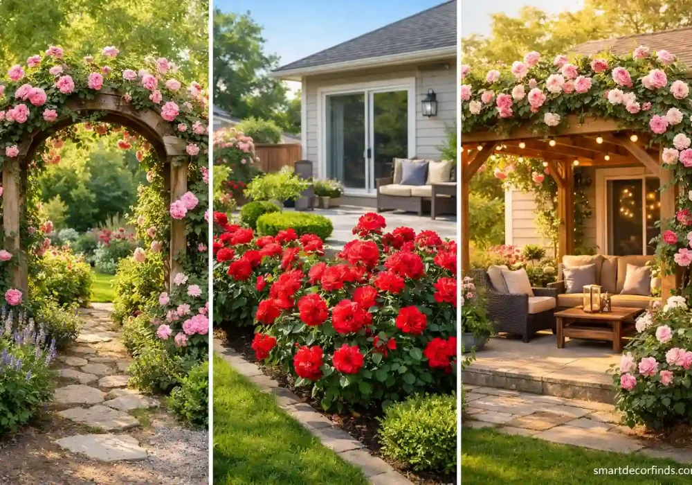 Backyard rose garden ideas collage featuring a pink climbing rose arch pathway, vibrant red rose flower beds near a modern home patio, and a wooden pergola covered in blooming roses.
