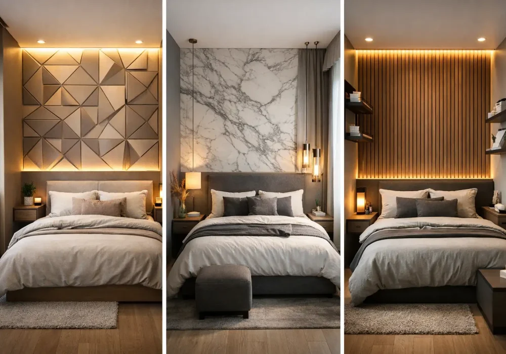 tiny bedroom ideas collage showing 3 modern luxury small bedroom designs with LED accent walls and stylish compact layouts