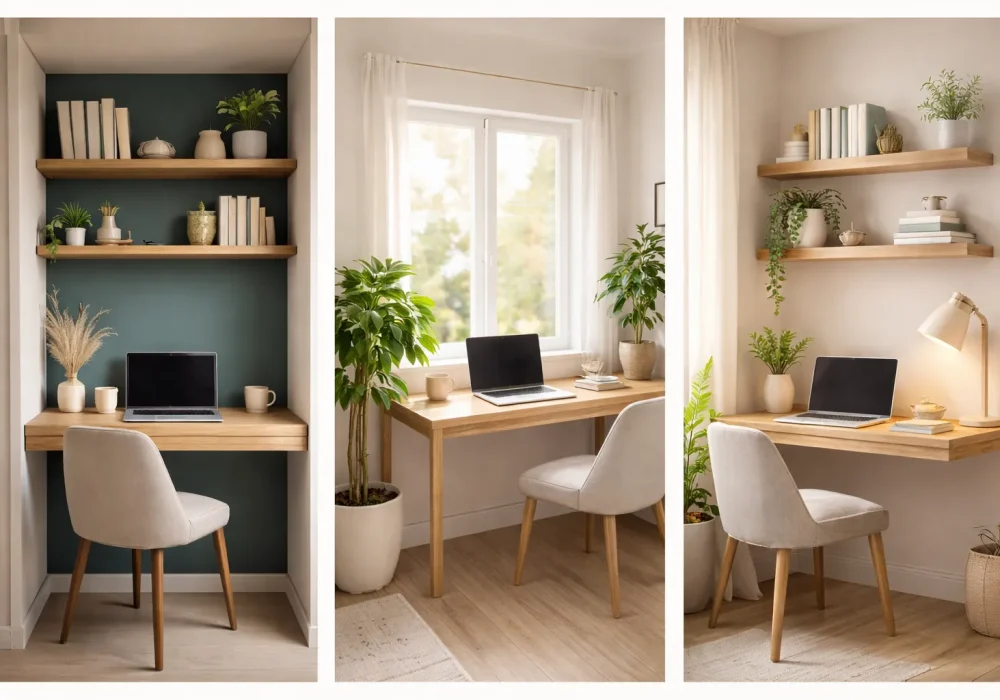 small home office nook ideas collage with closet workspace window desk and corner floating shelf workspace setup for small space living
