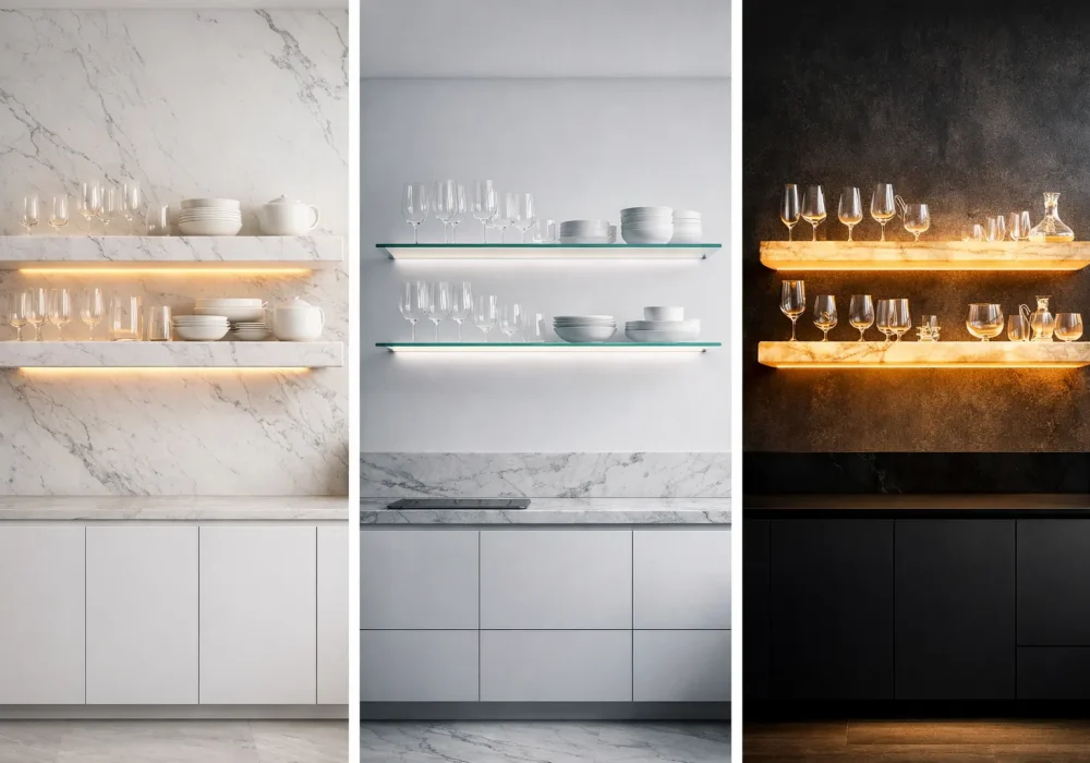 Modern open shelving kitchen ideas comparison featuring marble floating shelves with LED lighting, minimalist glass shelves and luxury backlit onyx shelves displayed in a clean three panel design.