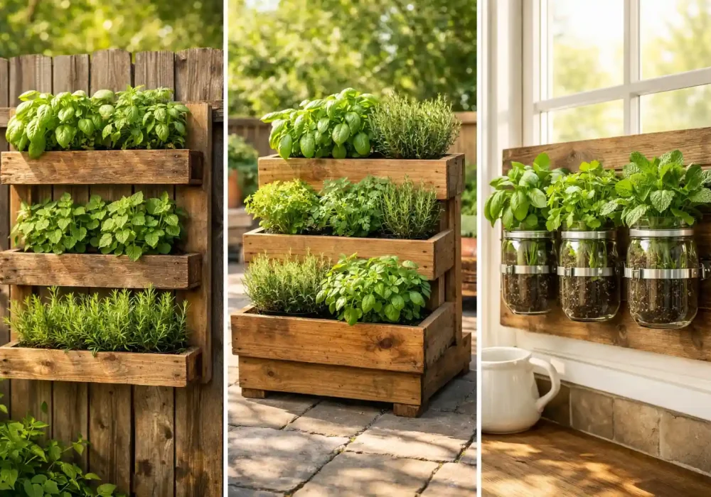 Three herb garden ideas collage showing vertical pallet herb garden, tiered wooden herb planter, and mason jar wall herb garden near kitchen window, creative DIY herb garden inspiration