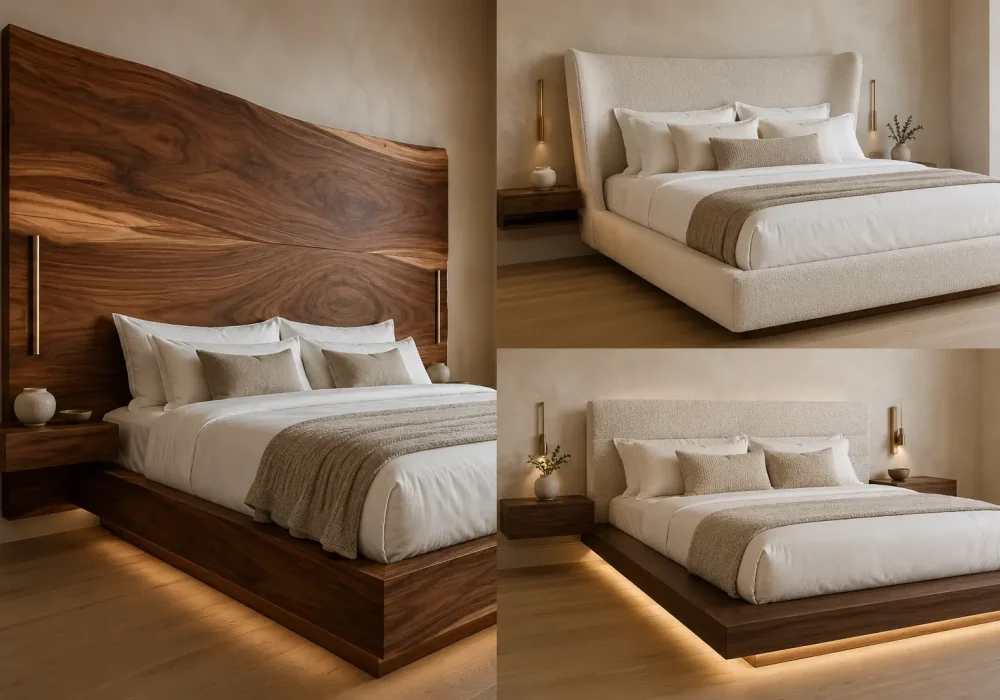 Luxury bed frame designs collage featuring three modern bedroom ideas, including a dramatic walnut platform bed with an oversized natural wood headboard, an ivory upholstered wingback bed, and a floating walnut platform bed with warm under bed lighting, layered white bedding, neutral textures, and elegant contemporary styling.