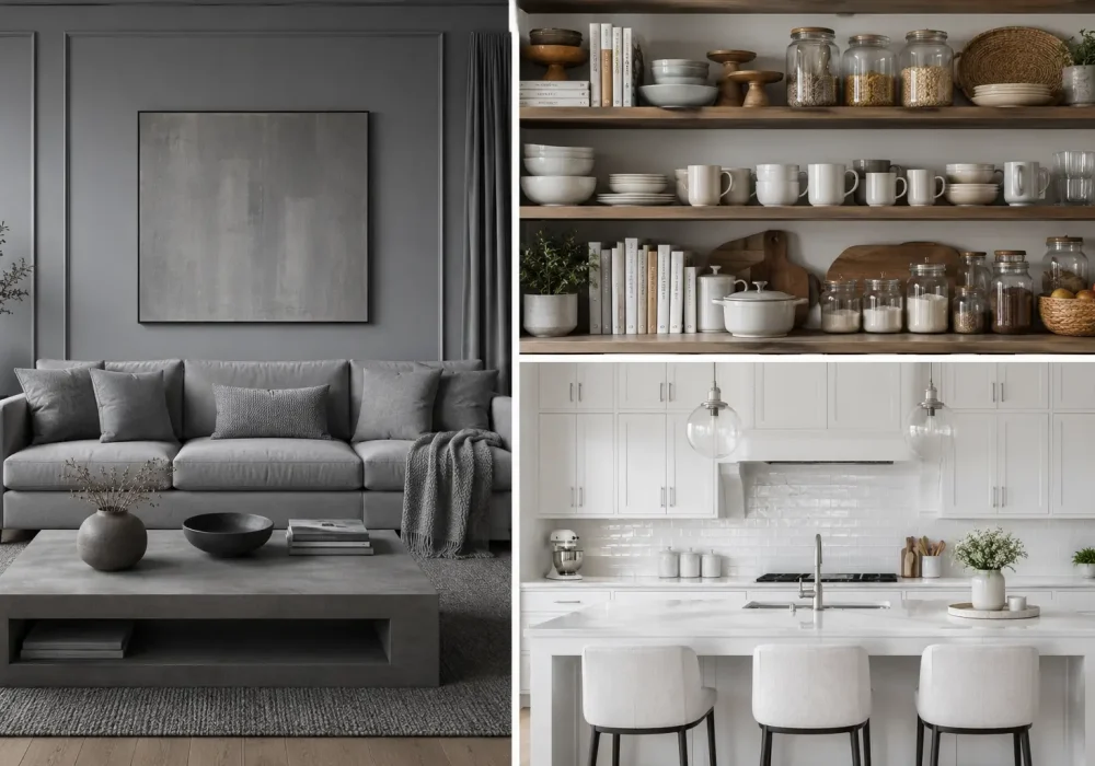 Featured collage for outdated home decor trends featuring a monochromatic all gray living room, overcrowded kitchen open shelves filled with dishes and storage jars, and an all white kitchen with white cabinets, countertops, backsplash, island, and stools, highlighting popular interior design choices that are starting to feel dated.