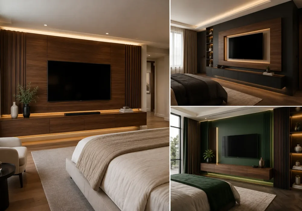 Modern bedroom TV wall Ideas collage featuring three stylish contemporary couples bedrooms, including a warm walnut TV feature wall with vertical wood detailing, a dramatic charcoal and walnut TV wall with built-in shelving and ambient lighting, and a deep emerald green TV wall with walnut cabinetry and illuminated architectural details. Each interior features a large black flat screen television, floating media console, warm LED lighting, neutral luxury bedding, sophisticated modern decor, and refined architectural styling.