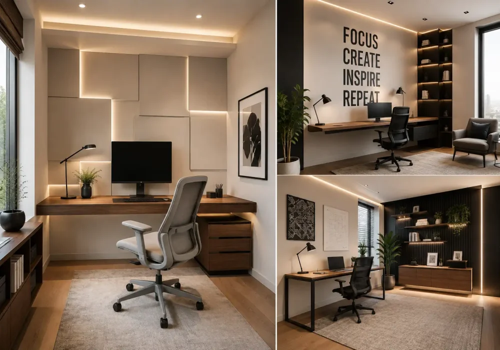 modern small office ideas collage featuring three sophisticated contemporary workspace designs, including geometric illuminated wall panels, oversized motivational typography, warm architectural LED lighting, walnut desks, ergonomic office chairs, minimalist monitors, built-in shelving, indoor plants, black cabinetry, neutral textured rugs, and stylish modern workspace interiors designed for productivity and inspiration.