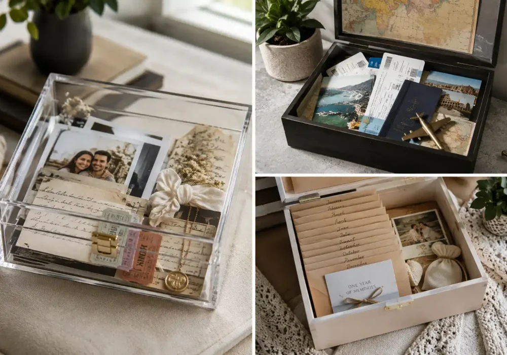 Modern DIY memory box ideas displayed in a three-panel grid featuring a clear acrylic keepsake box filled with photographs and handwritten notes, a black travel memory box with maps and vacation keepsakes, and a white one-year memory box with monthly envelopes and sentimental photographs