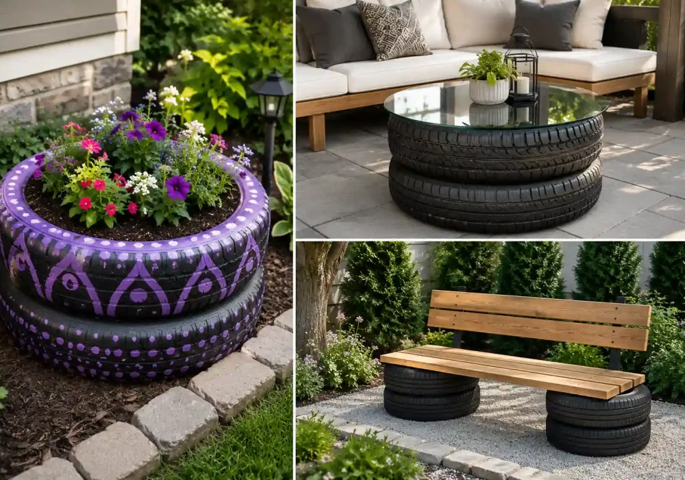 Three-panel collage of creative old tire DIY ideas projects including a colorful painted tire flower planter, stacked tire coffee table with a glass top, and wooden garden bench supported by recycled tires in stylish outdoor spaces