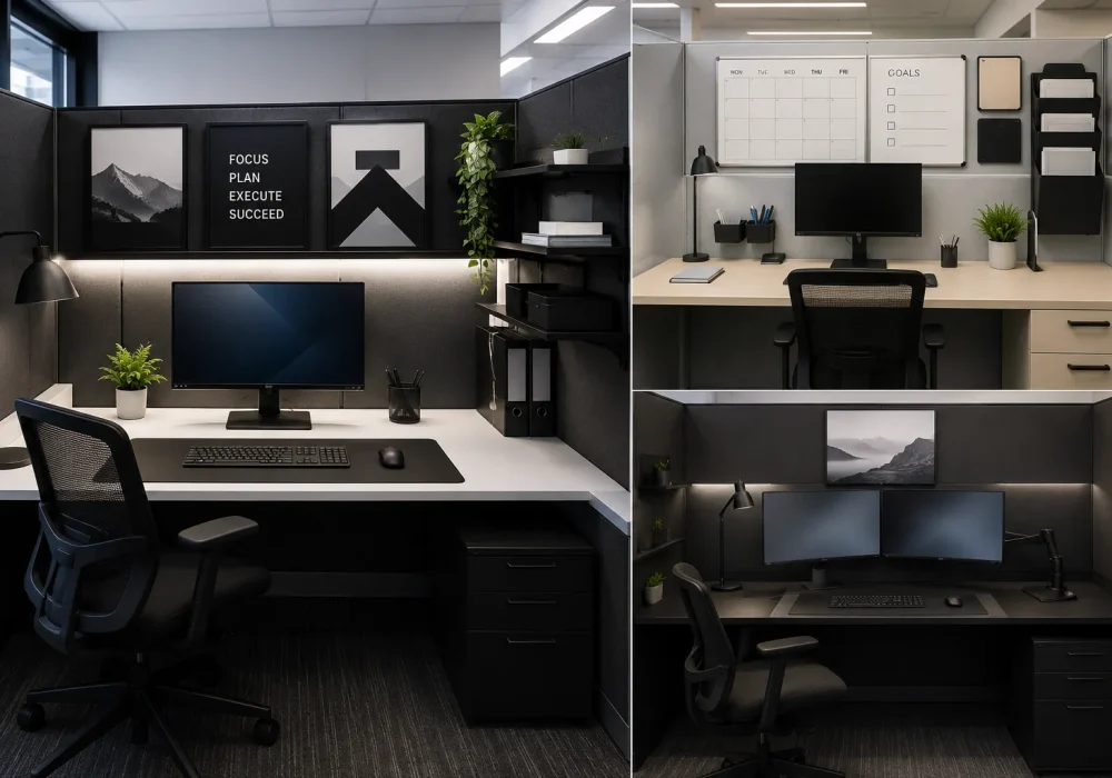 Modern cubicle decor ideas collage featuring three distinct professional office workspaces in a connected editorial layout. The main left workspace showcases a sophisticated black cubicle with motivational wall art, warm under-shelf lighting, a sleek desk lamp, computer monitor, ergonomic office chair, indoor plants, floating shelves, organized binders, and clean black-and-white styling. The upper-right workspace features a bright minimalist cubicle with a monthly calendar, goals board, document storage, desk lamp, computer monitor, small plants, and an uncluttered white desk. The lower-right workspace presents a dark modern dual-monitor cubicle with framed landscape artwork, task lighting, organized shelving, ergonomic chair, and streamlined technology setup. Full featured image composition showing clean, modern, motivating, organized, and productivity-focused cubicle designs for a professional office.