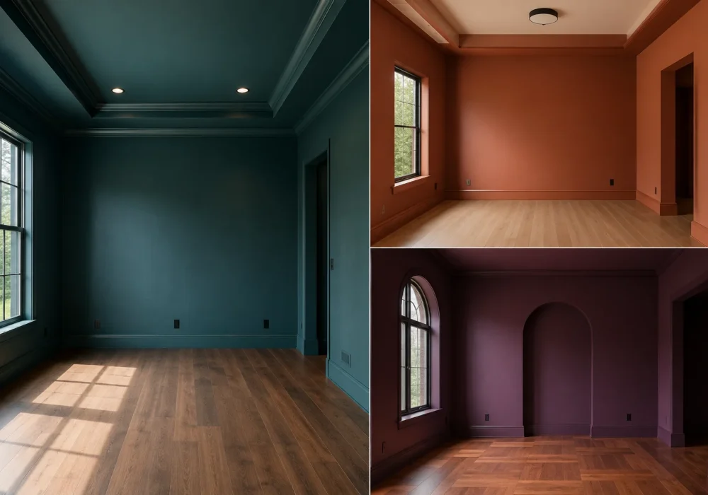 Premium editorial paint colors for bedrooms collage featuring three empty modern bedrooms in deep teal, warm terracotta, and rich deep plum, arranged in a sophisticated three-panel grid with varied architectural details, natural daylight, realistic matte wall finishes, wood flooring, large windows, elegant room proportions, and a luxurious contemporary interior design aesthetic.