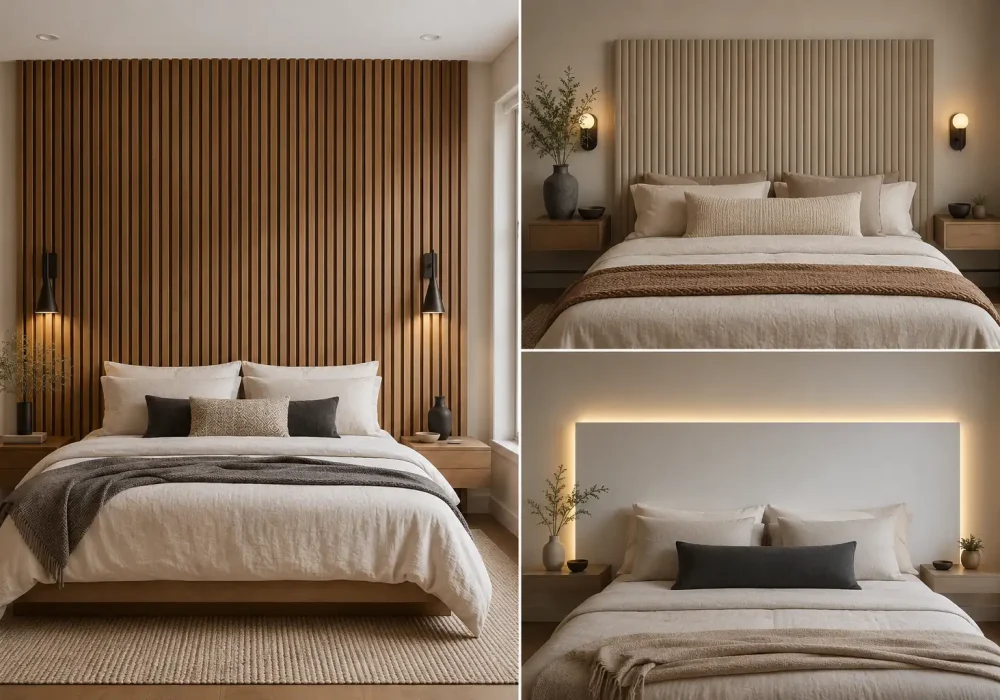 Modern DIY headboard ideas featured in a sophisticated contemporary bedroom collage, showing three stylish headboard designs arranged in a premium editorial layout. The large left image features a full-wall vertical walnut wood slat headboard extending from behind a modern upholstered bed toward the ceiling, with evenly spaced dark recessed gaps, warm wood tones, crisp white bedding, layered neutral pillows, matching wood nightstands, black pendant bedside lights, subtle greenery, natural daylight, and a textured neutral rug. The upper-right image features a wide warm beige fluted panel headboard with vertical sculptural grooves, neutral bedding, wood nightstands, warm wall sconces, and a refined contemporary bedroom setting. The lower-right image features a large floating warm-white headboard panel with concealed warm LED backlighting creating a soft architectural glow around the edges, paired with neutral bedding, minimalist nightstands, subtle decor, and contemporary styling. All three headboard designs are clearly visible from front-facing wide-angle perspectives with realistic materials, balanced proportions, sophisticated neutral colors, and high-end modern bedroom styling.