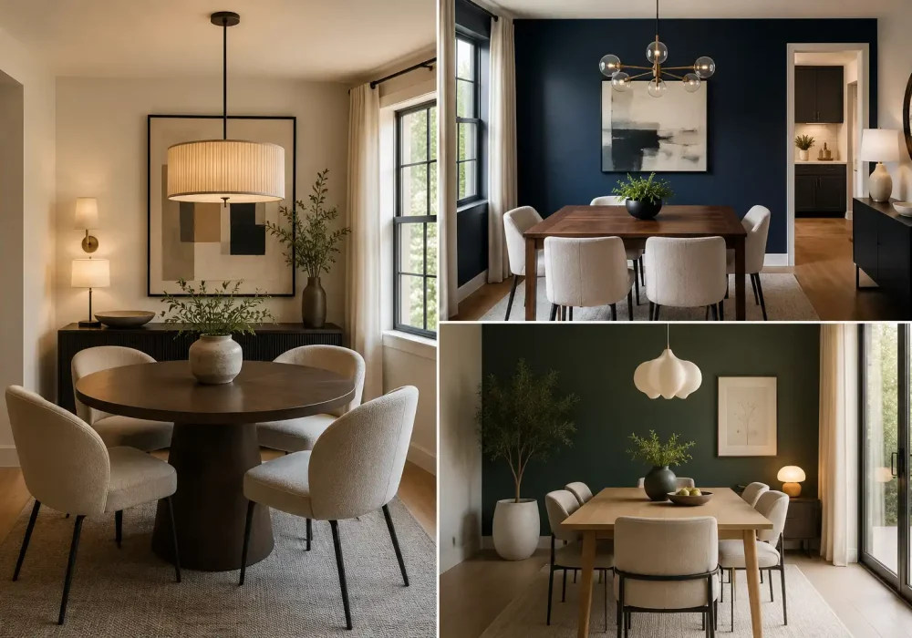Small Dining Room Inspirations collage featuring three modern cozy dining spaces, including a round dark wood dining table with cream upholstered chairs, a navy blue accent wall with a warm walnut dining table, and a deep green dining room with a light wood table and sculptural pendant lighting, all styled with contemporary artwork, neutral rugs, indoor plants, warm wood flooring, large windows, and sophisticated compact home décor.