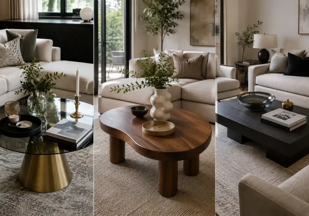 Three-panel contemporary living room collage showcasing different coffee table styling ideas, including a round glass and brass coffee table with candles, greenery, and coffee table books, a sculptural walnut coffee table with a cream vase and natural branches, and a modern black coffee table with an oversized glass bowl and stacked books, all styled in sophisticated neutral interiors.
