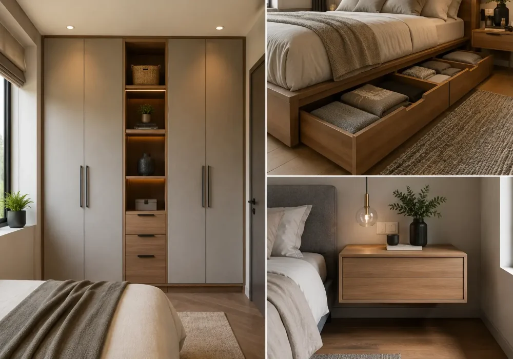 Modern small bedroom storage ideas shown in a stylish contemporary bedroom collage, featuring a full-height wardrobe with closed cabinets and open shelving, deep under-bed storage drawers, and a compact floating bedside cabinet. The neutral bedroom design uses warm wood finishes, soft beige tones, integrated lighting, and practical space-saving storage solutions for keeping a small bedroom organized and clutter-free.