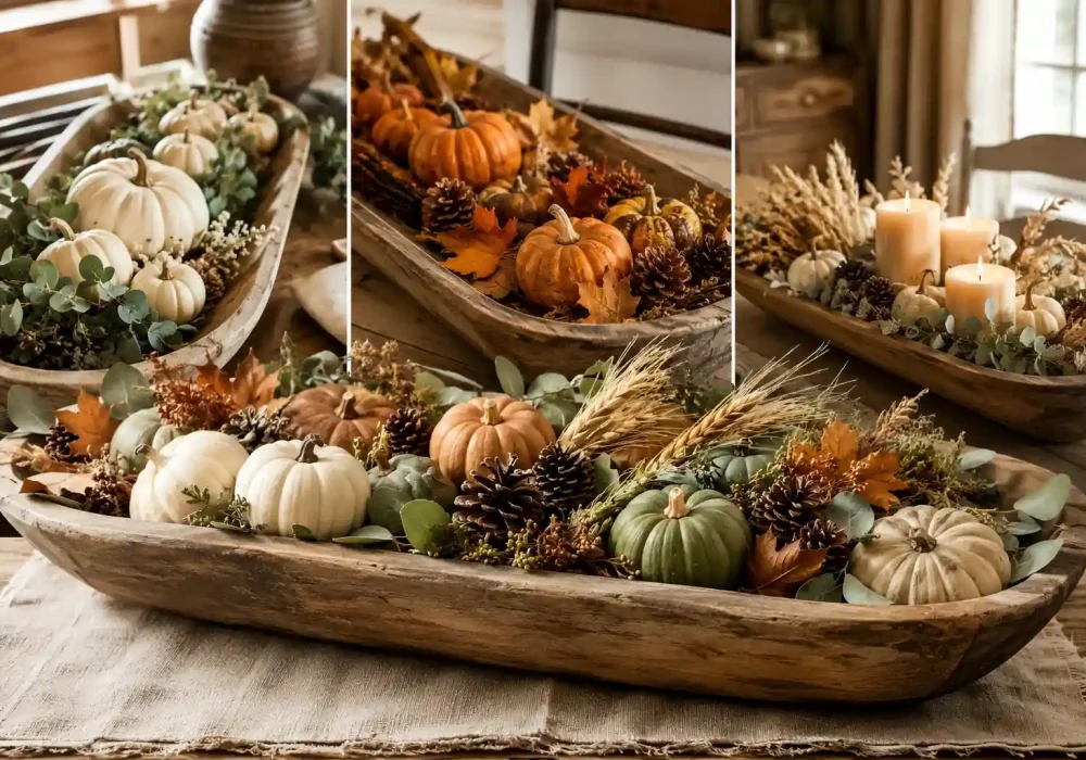 Wide horizontal featured photograph of a large rustic fall dough bowl centerpieces with an abundant fall centerpiece featuring cream, orange, muted green, and tan pumpkins, eucalyptus leaves, dried wheat, pinecones, autumn leaves, dried botanical stems, and warm harvest foliage, with three smaller dough bowl arrangements displayed in the background showing neutral pumpkins, traditional orange pumpkins, and glowing candles with wheat, creating a layered cozy autumn table setting.