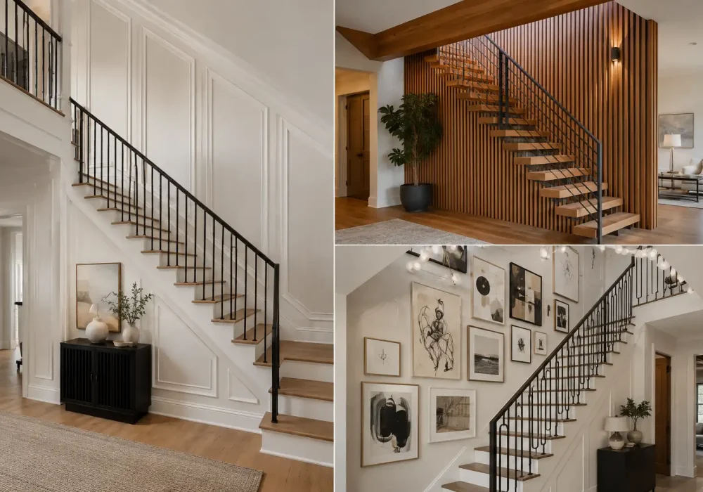 Staircase walls decor collage featuring three stylish stairway interiors with elegant wall paneling, warm vertical wood slats, and curated gallery wall artwork. The modern staircase designs showcase natural wood stairs, slim black railings, neutral color palettes, sophisticated architectural details, and contemporary home decor inspiration for transforming a blank wall beside the stairs.